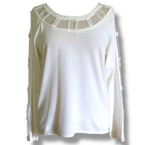 Vintage 90s Womens Top Sz Medium White Rhinestone Sheer Mesh Stretch Mob Wife